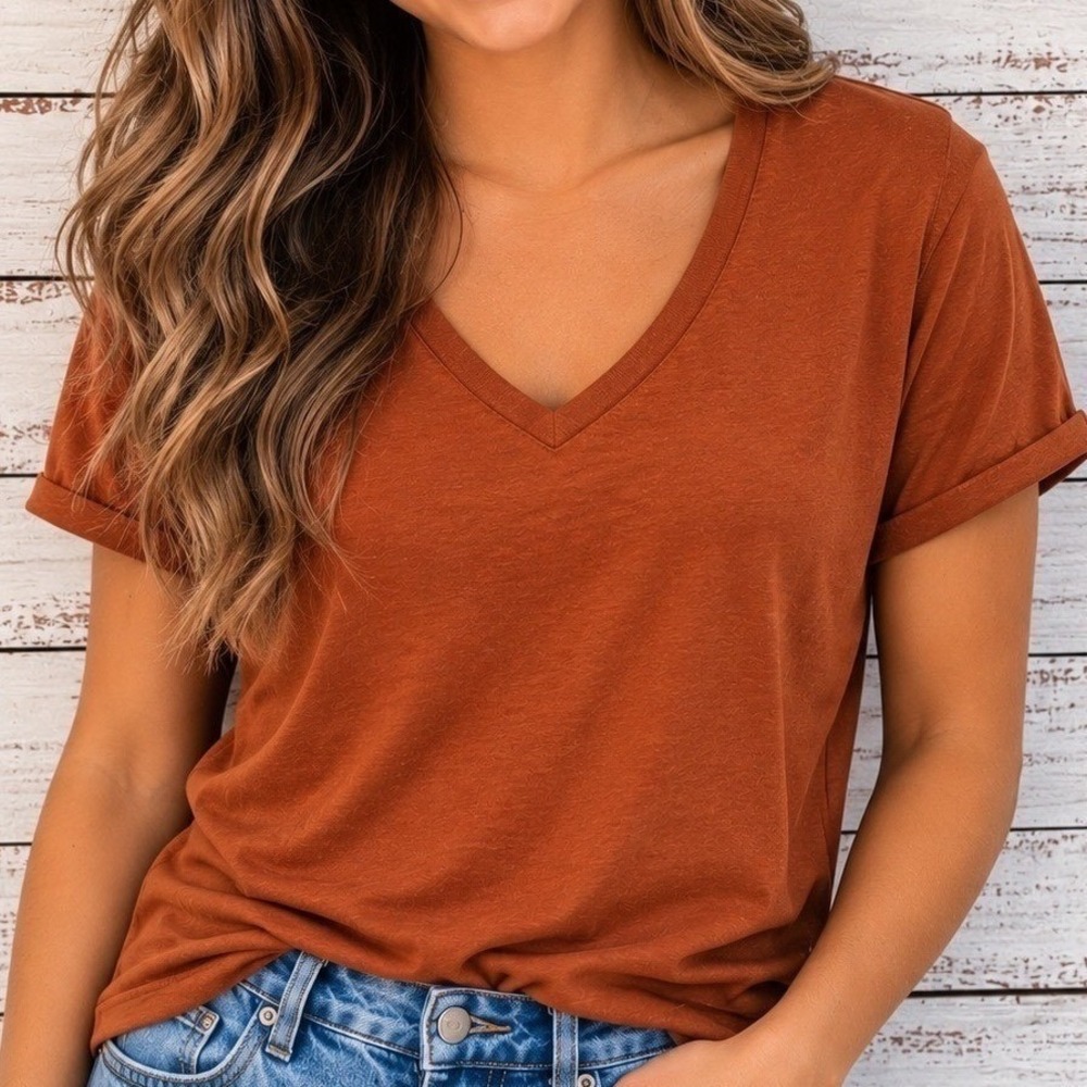 Women's Rust Orange V Neck T Shirt Small 100% Cotton Short Sleeve Basic Tee